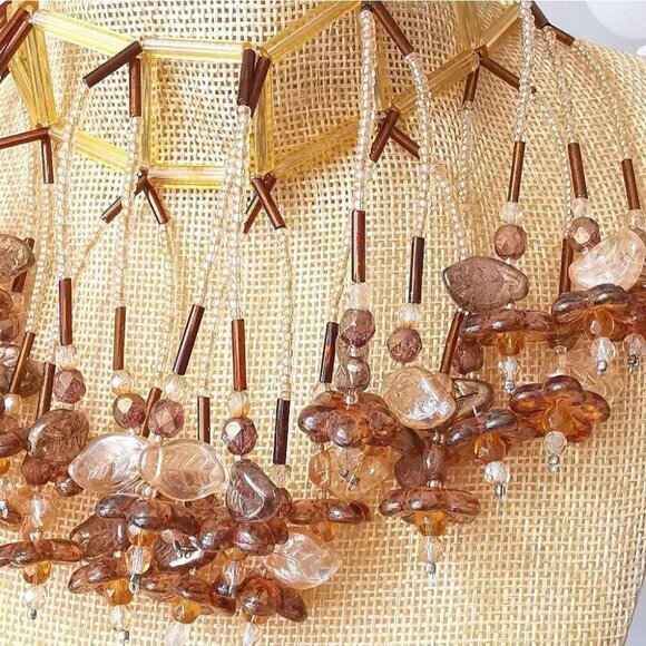 CZECH Amber glass flower cascade choker necklace collier - Picture 3 of 8